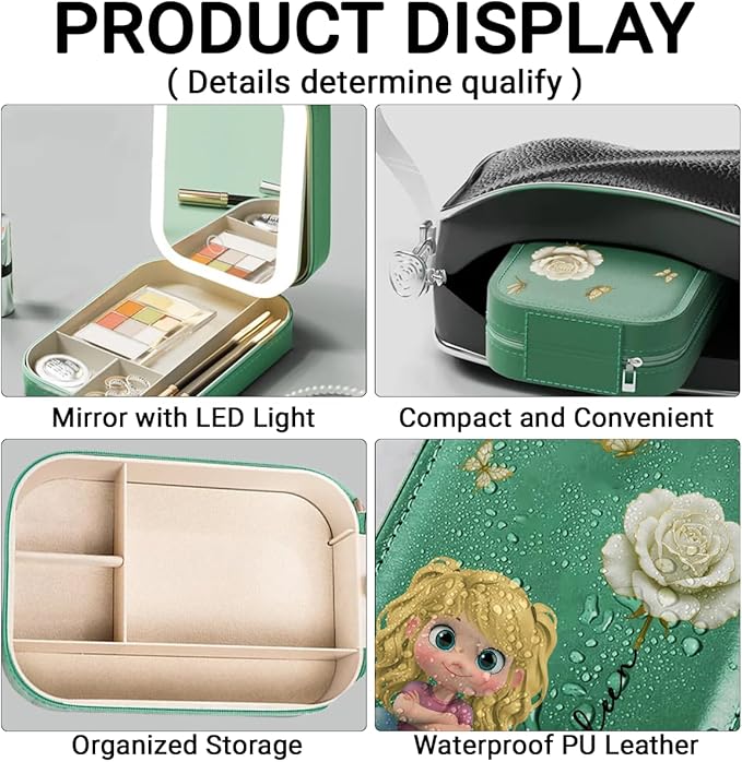 Wrappiness Women & Girls Floral Makeup Box With LED Mirror - Personalized Birthmonth Flower Travel Jewelry Organizer Gift for Daughters Sisters on Birthday Christmas Graduation Wedding
