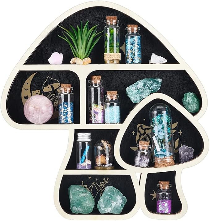 peacoblue Mushroom Shaped Crystal Display Shelf 11.1" L× 11.8" W× 1.2" H Wooden Wall Mounted Decor with Multiple Compartments for Crystals Gemstones & Trinkets for Bohemian, Witchy & Modern Interiors