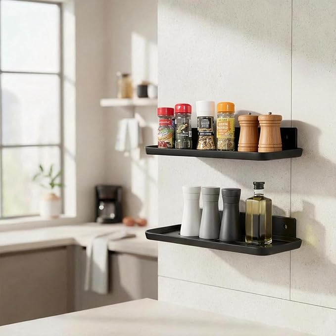 FAYYGYH Adhesive Floating Shelves No Drill Floating Shelf for Wall Storage Damage-Free Wall Mounted Organizer for Bathroom, Kitchen, Bedroom & Office (Black, 2 PCS)