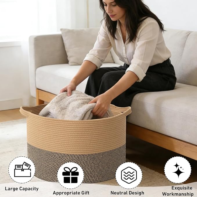 90L Extra Large Blanket Basket,Rope Woven Storage Basket with Handles, Laundry Hamper for Toys, Clothes, Pillows & Towels, Perfect for Living Room, Nursery & Bedroom,Jute&Black