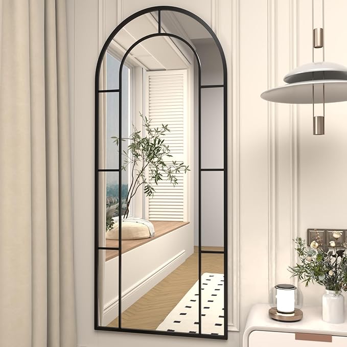 Rowjut Arched Wall Mirror 56" x 22" Window ＆ Wall Decorative Mirror, Iron Framed Window Pane Mirrors, Arched Top Wall Mirror for Entryway Living Room, Bedroom, Fireplace (Black)