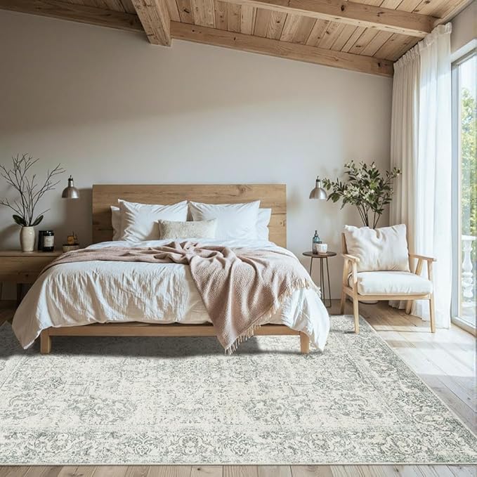 Rugxara 5X7 Washable Area Rug for Living Room, Vintage Large Boho Rugs for Office, Dining Room, Kids Room, Farmhouse, Durable Low Pile Non Slip Carpet for High Traffic Areas, Light Green