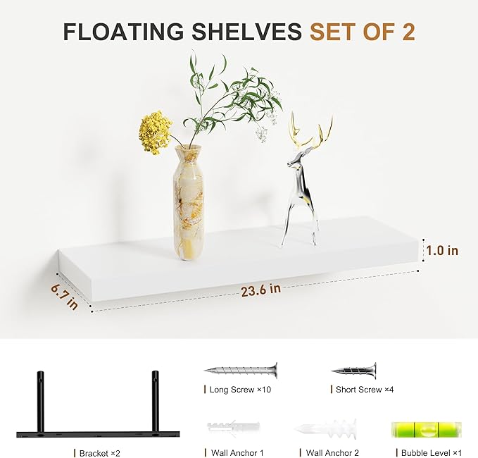 Bellsal Floating Shelves for Wall, White Engineered Wood Wall Shelf Set of 2, 24" Walls Mounted Floating Shelf for Kitchen, Living Room, Bedroom, Bathroom Storage, Book Shelf for Home Decor