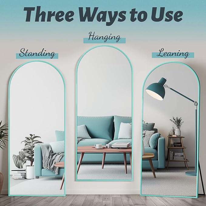 Antok 58" x18” Arched Full Length Floor Mirror, Blue Aluminum Frame, Free Standing/Wall Mount/Leaning for Bedroom, Living Room, Dressing Room