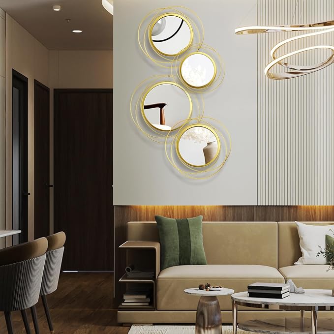 Hicarer 4 Pcs Decorative Wall Mirror Round Modern Circle Mounted Mirror Metal Wall Art Decor for Bedroom Living Room Entryway Dining Room Hallway(Gold)