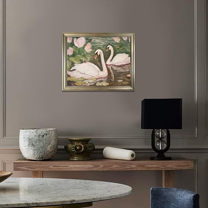 Vintage Framed Swan Decor Wall Art Pink and Green Girls Room Decor Girly Office Canvas Print Painting