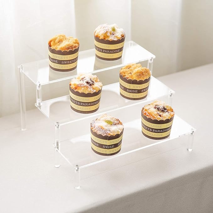 BYCY Clear Acrylic Display Stand Display Shelf, 3 Tier Desserts Holder,3 Tier Cupcake Display Risers Steps for Organizer and Decoration ( 1 Pack - 12" x 10.2" x 6.3" )