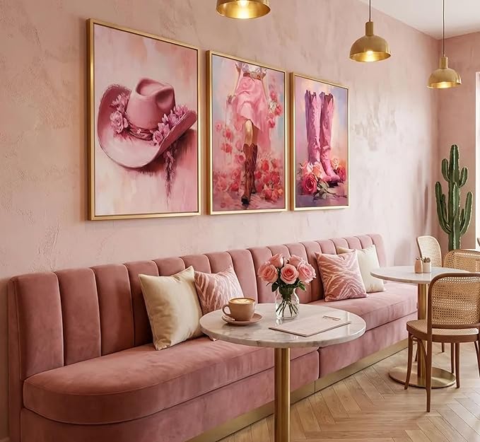 3Pcs Pink Cowgirl Canvas Wall Art Funky Cowgirl Boots Posters Prints Paintings Western Flower Boots Hat Aesthetic Pictures Wall Decor for Preppy Room Bedroom Apartment Decoration Unframed