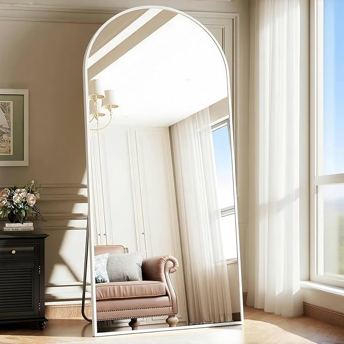 Prywot Arched Full Length Mirror, 76 "x 34" Floor Mirror Wall Mirrors Hanging or Leaning Arched-Top Full Body Mirrors with Stand for Bedroom, Dressing Room, White