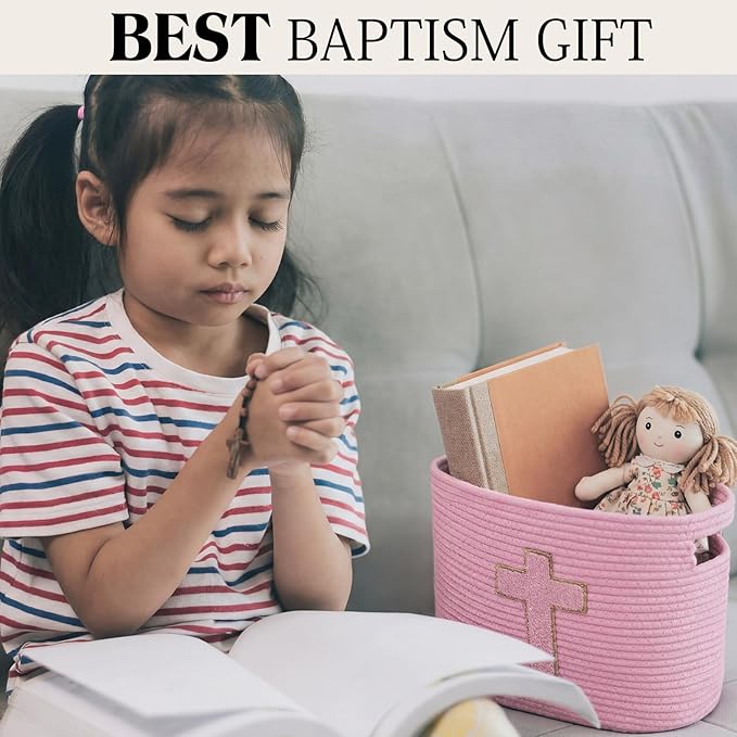 Sliner Baptisms Gifts Basket with Handles, Baptisms Cross Design Cotton Rope Basket Gifts Stuffers Storage for Christenings First Communions Religious Occasions, 15 x 10 x 9 Inch(Pink)