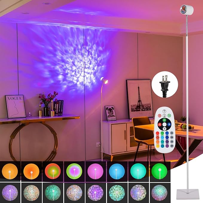 Sunset Lamp Projector Led Lights 3D Ocean Wave with Remote, 16 Colors Night Light 720° Rotation & Four Mode with American Standard Plug, Modern Floor Stand Night Light for Bedroom (White)