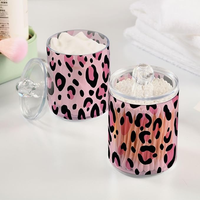 2 Pack Qtip Holder Dispenser for Cotton Ball Pink Leopard Print Cheetah Cotton Swab Round Pads Clear Plastic Acrylic Jar Set Bathroom Canister