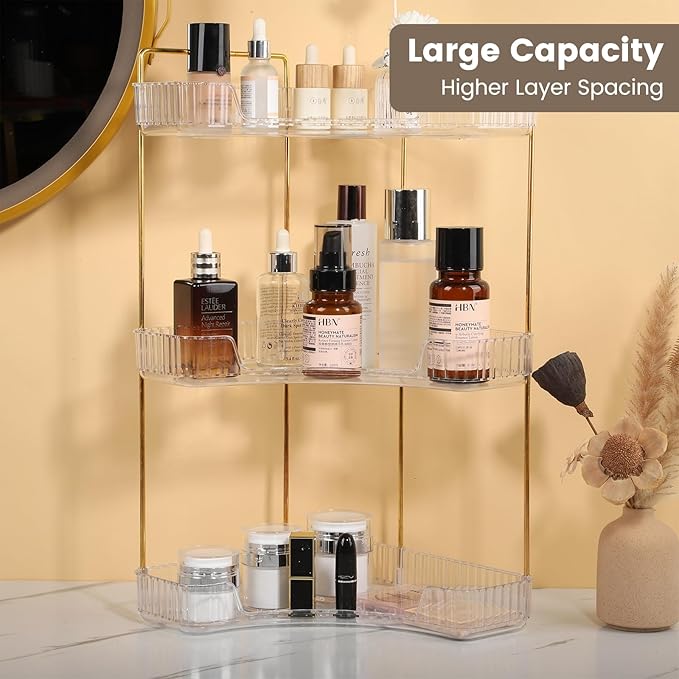 90 Degree Corner Shelf Organizer, 3 Tier Bathroom Countertop Storage Rack, Space Saving Desktop Organizer for Makeup, Skincare, Perfumes, Kitchen Pantry, Transparent 3 Layer Display Shelf