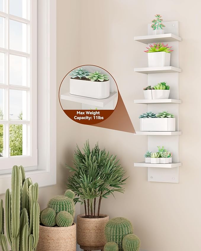 IBUYKE 5 Tier Wall Shelf Unit,White Vertical Shelf,Floating Storage Wall Shelf,Organizer Tall Tower Design Decorative Wall Mount Shelving for Home, Bedroom,Living Room,Office Decor WBC009W | Floating Storage, Wall Shelf, Organizer, Tall Tower Design, D...