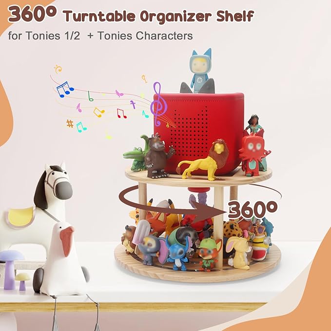 360° Rotating Storage Shelf for Toniebox1/2, 2-Tier Organizer Holder for 20~30 Tonies Figures, Wooden Magnetic Stand Display for Tonie Box Characters Tonieplay Game Controller