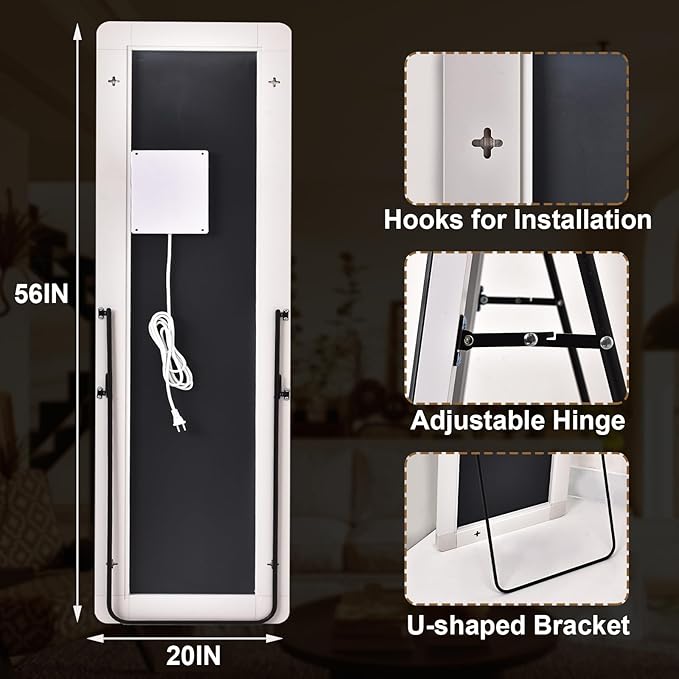 GLSLAND LED Full Length Mirror - 56" x 20" Floor Standing Mirror with Light for Bedroom/Cloakroom -Dimmable & 3 Color Lighting/Wall Mounted Full Body Mirrors