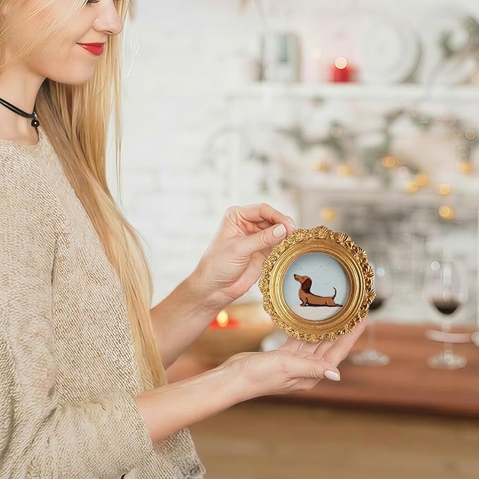 Small Vintage Dachshund Dog Round Picture Frame Wall Decor, Funny Wiener Gold Mini Ornate Photo Frame for TableTop Desk 2.7in Photo, Cute Rustic Framed Artwork for Walls Office Bedroom Shelf