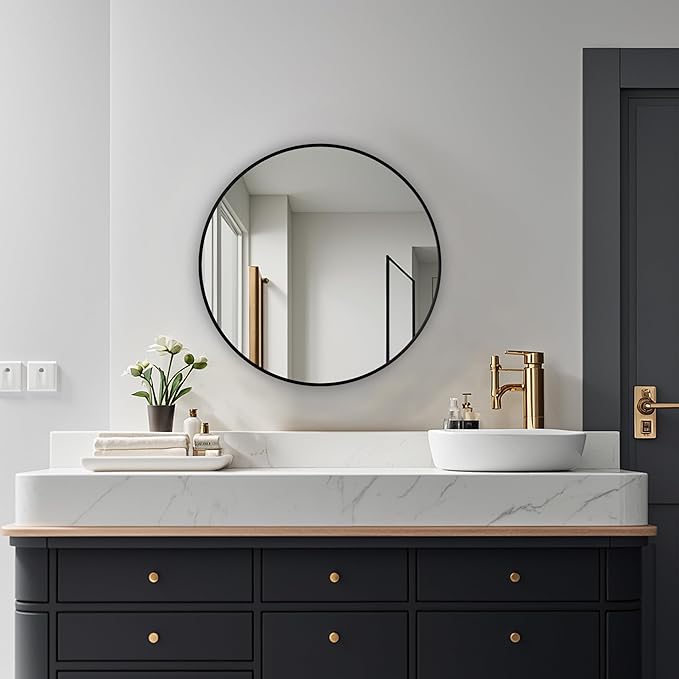 Round Mirror, Wall Mounted Circle Mirror with Brushed Metal Frame, Circular Mirrors for for Bathroom, Living Room, Vanity, Bedroom, Entryway, 20inch, Black