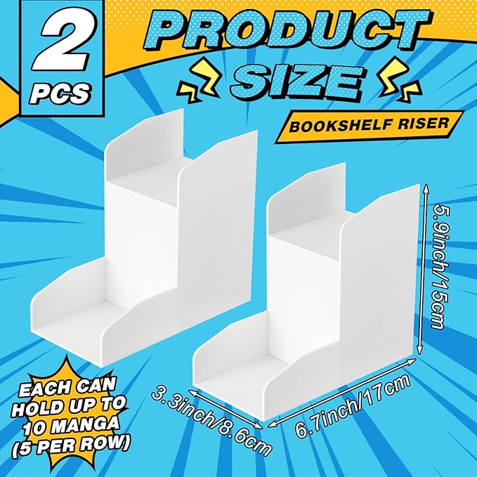 Thyle 2 Pack 2-Tier Manga Shelf Risers, Space-Saving Display Bookshelf Stand Organizer for Manga, Novels & Collectibles, Pla Book Riser for Maximizing Shelf Storage