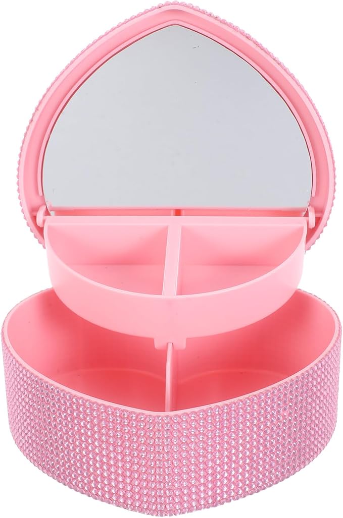 YARNOW Heart-shaped Jewelry Box with Mirror Double Layer Rhinestone Organizer for Pink Makeup Storage Case and Hair Tie Container