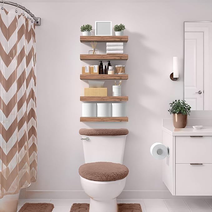 Sorbus Floating Shelves for Wall – 16 Inch Floating Shelf for Kitchen, Bedroom, Living Room, Bathroom, Home & Wall Decor - Mounted Bathroom Shelves with Invisible Brackets (Mahogany, 5 Pack)