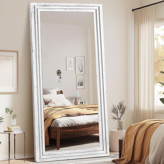 Full Length Wood Mirror 76x34 - Rustic Solid Wood Floor Mirror with Triple Layer Frame, HD Tempered Glass, Wall Mounted or Leaning Standing Mirror Vintage White Mirror for Bedroom Bathroom Living Room