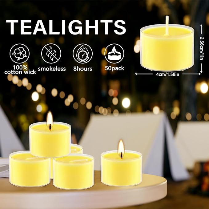 Fclayvts 8-Hour 50Pack Citronella Tealight Candles, Outdoor and Indoor Summer Scented Candle,Natural Soy Wax Candle for Home Patio Garden Yard Balcony,BBQ Birthday Emergency