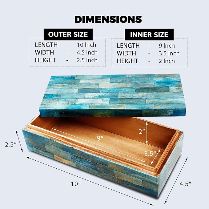 Handicrafts Home Decorative Storage Box with Lid– 10x4.5x2.5” Modern Home Decor Organizer, Memory Box & Jewelry Storage- Decorative Boxes for Living Room & Shelf Decor- Verdigris