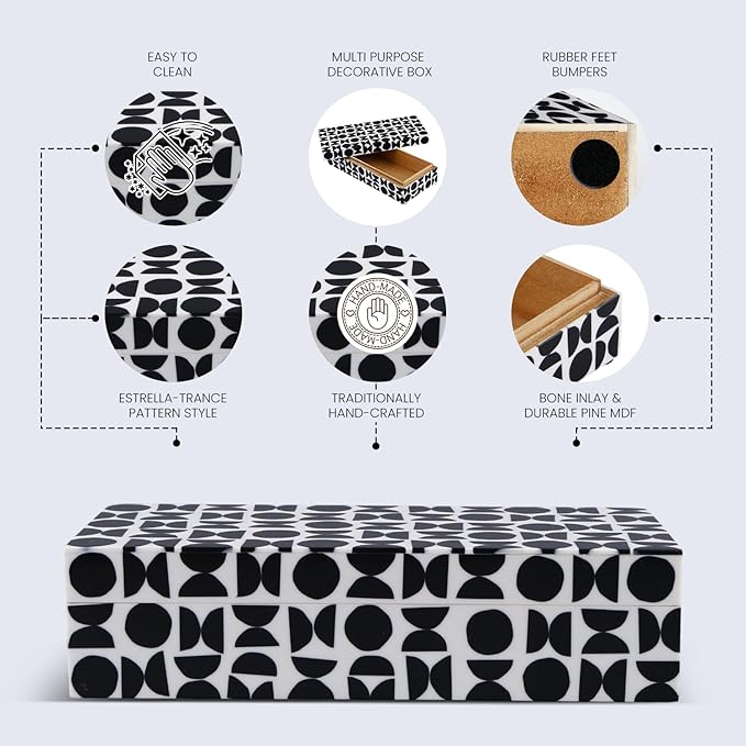 Handicrafts Home Large Decorative Storage Box with Lid – 10x6x2.5” Coffee Table Organizer, Keepsake- Decorative Boxes for Home Decor, Stylish Decorative Box for Office Decor- Geopop- Black White