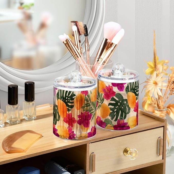 2 Pack Apothecary Jars Artistic Tropical Floral Yellow Bathroom Vanity Storage Organizer Set,Small Clear Plastic Storage Jars Bathroom Canister for Cotton Swabs, Rounds, Balls, Qtips,Makeup Spo