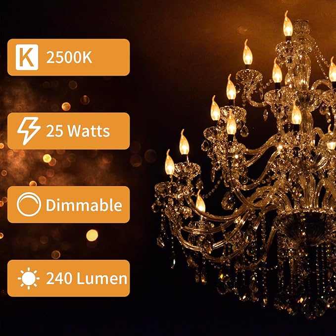 COLWATT 12-Pack E12 Candle Light Bulbs 25W Warm White 2500K, 240 Lumen Dimmable Chandelier Light Bulbs for Ceiling Fan, Pendants or Outdoor, CA10 Clear Candelabra Base Bulbs
