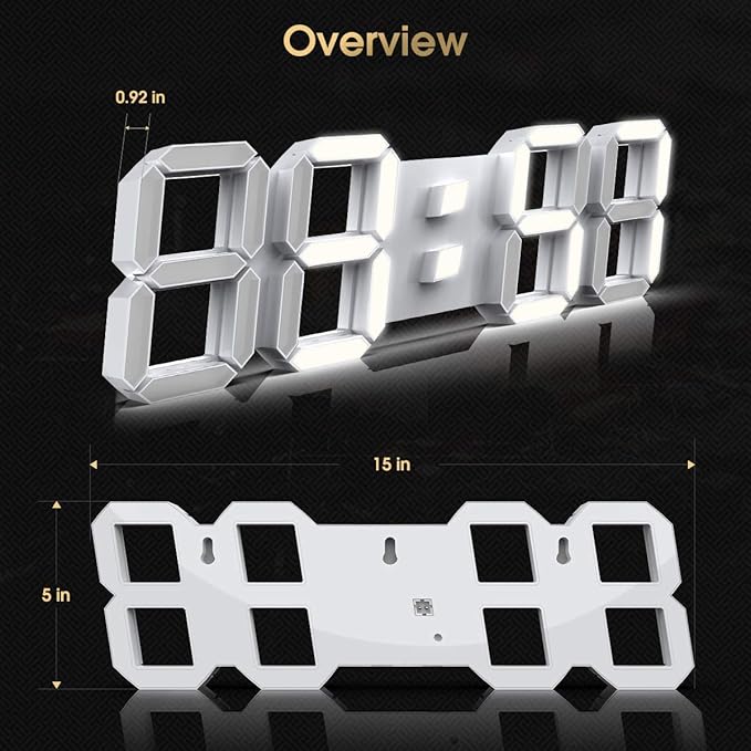 EPSKY 3D White Digital Wall Clock LED Large Alarm Clock Adjustable Brightness 12/24 Hours Display and Date Display for Kitchen Homes Offices Gyms (15inch)