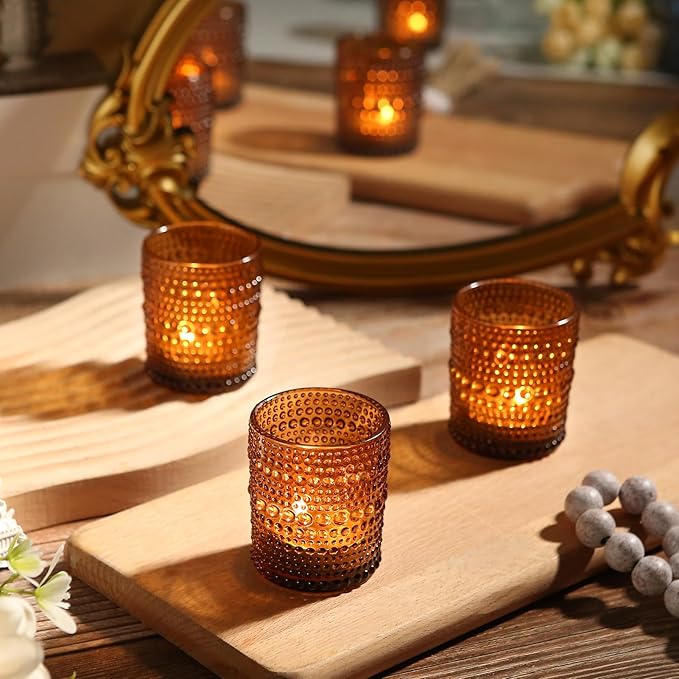 36pcs Amber Votive Candle Holders, 2x2.5in Vintage Glass Small Tea Light Candles Holders for Home Decor, Tealight Candle Holder Decor for Wedding Centerpieces Baby Shower
