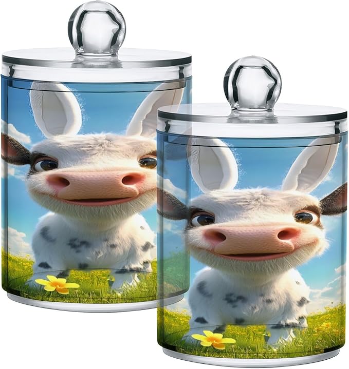 Nander 4Pack Cute Cow Qtip Holder Dispenser -Clear Plastic Apothecary Jars Set - Restroom Bathroom Makeup Organizers Containers for Cotton Swab, Ball, Pads, Floss
