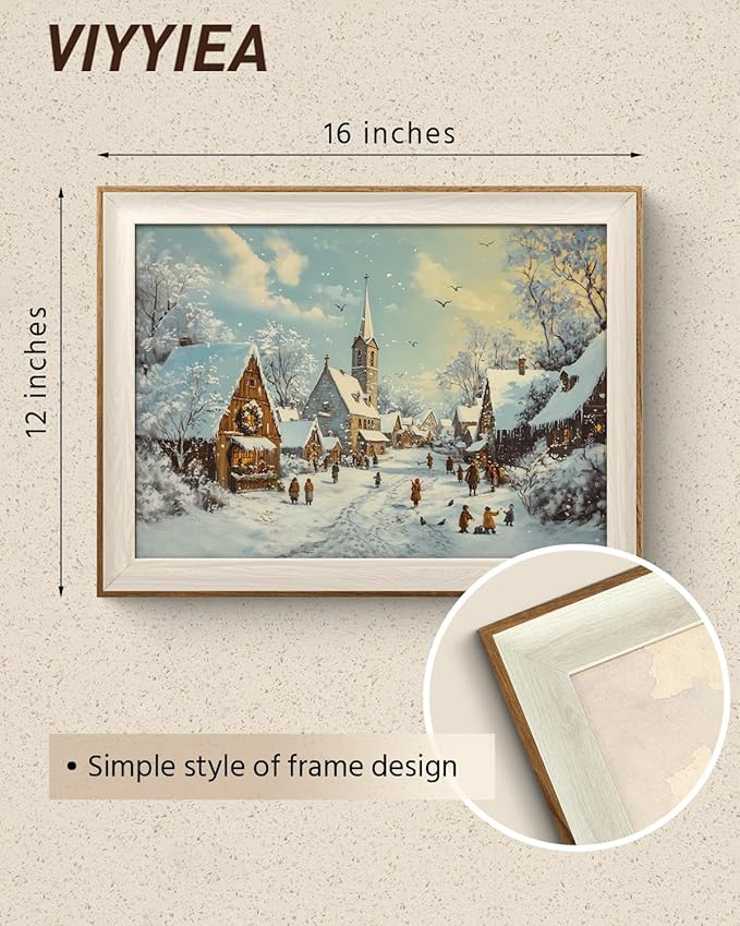 VIYYIEA Winter Framed Wall Art for Living Room, Snow Village Canvas Prints, Oil Painting Home Decor, Christmas Picture, Bathroom Wall Decor Gifts for Friends or Family - 16L x 12W