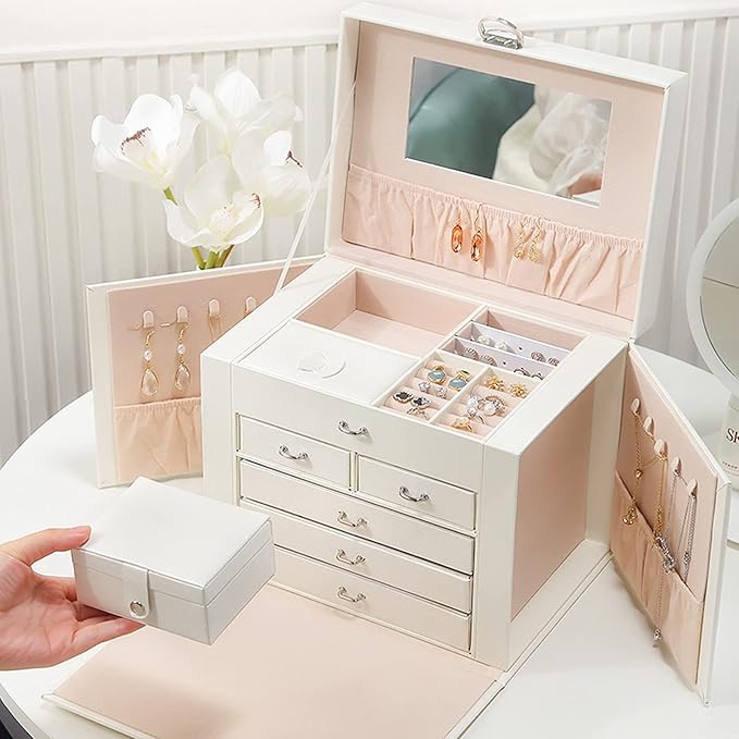 Makeup Organizers PU Leather Travel Jewelry Boxes 6 Tier Jewelry Storage Case with Lock & Mirror Large Capacity Craft containers for Rings, Necklaces, Earrings, Bracelets Jewelry Case ( Color : White