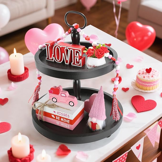 Wooden Two Tiered Tray Stand, Farmhouse Round 2 Tier Decorative Tray for Home Kitchen Table Decor, Serving Tray for Coffee Bar Party Weddding Holiday Decorations Fruits and Cupcake Display (Black)