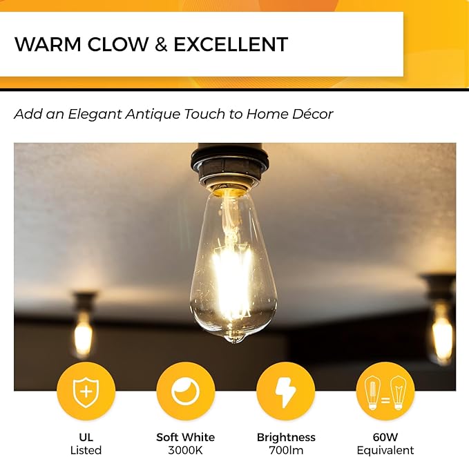 Hizashi LED Edison Bulbs, 6W, Equivalent 60W, Dimmable E26 LED Bulb, 3000K Soft White, 95+ CRI 700 Lumens, ST19 Vintage Light Bulbs, Clear Glass, Pack of 4