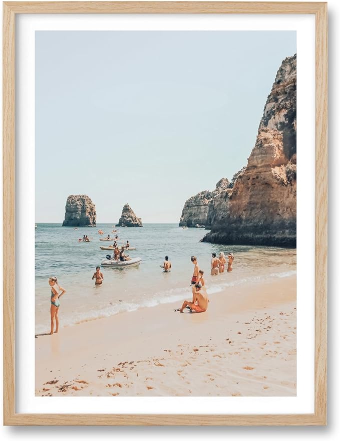 HesenDot Natural OAK Wood Framed Amalfi Coast Summer Wall Art,12x16in Italy Arienzo Beach Canvas Wall Print,Positano Swimming Poster Wall Decor for Living Room,Bedroom,Office Gallery Set of 1