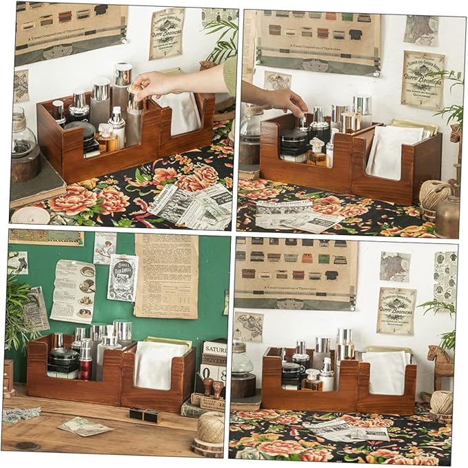 Wooden Makeup Organizer Box Retro Design for Skincare Lipstick and Sundries Desktop Storage Solution for Vanity and Bathroom Small Tabletop Container