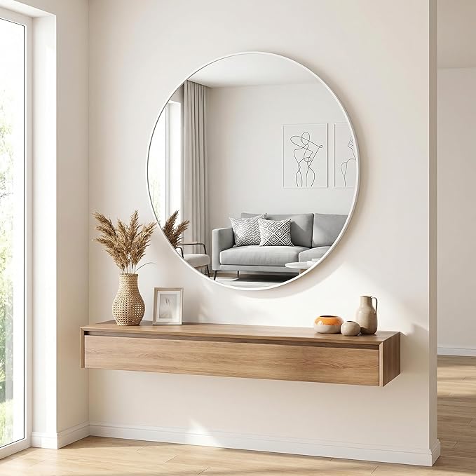 HARRITPURE Round Mirror 24" White Wall Mounted Circle Mirrors Vanity Mirror with Brushed Aluminum Alloy Frame Modern Decoration for Bathroom, Living Room, Vanity, Bedroom, Entryway