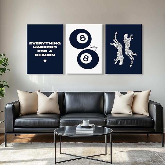 Navy Blue Leopard Wall Art Decor Cheetah Print Room Poster Trendy Preppy Canvas Wall Art Funky Aesthetic Room Decor 8 Ball Lucky Poster Y2k Stylish Artwork for Bedroom 16x24x3 Inch Wrapped Canvas