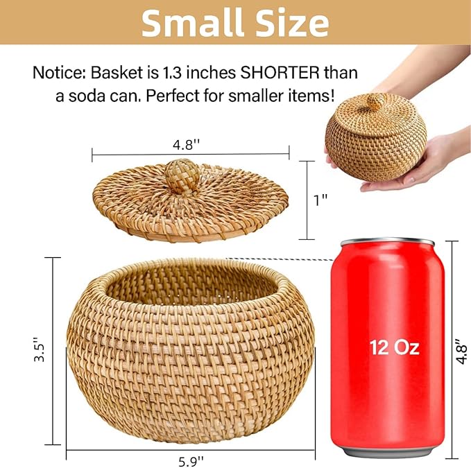 WRINGKIT Small Rattan Basket Box with Lid, Round Handmade Woven Storage Basket, Multi-purpose Wicker Bowl Decorative Organizer for Shelf, Home, Bathroom Decor