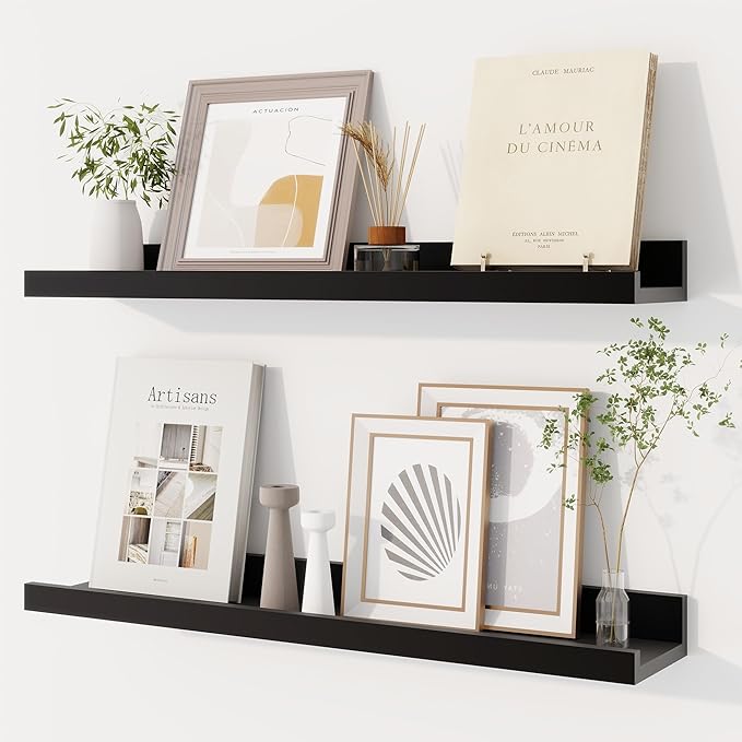 Dreamland Picture Ledge Shelf for Wall, Floating Shelves Set of 2, 24 Inch Long Floating Shelves with Lip for Living Room, Bedroom, Bathroom, Kitchen, Black