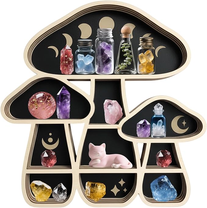 peacoblue Natural Wood Mushroom Shaped Crystal Display Shelf 11.1" L× 11.8" W× 1.2" Wooden Wall Mounted Decor for Crystals, Gemstones & Trinkets for Bohemian, Witchy & Modern Interiors