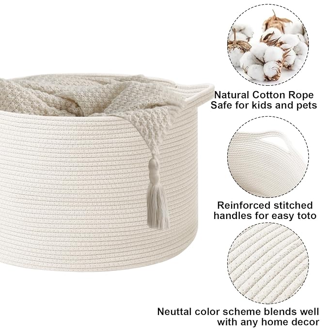 65L Large Blanket Basket,Woven Rope Laundry Basket Hamper with Handles,Decorative Nursery Basket Storage Bin for Toys, Pillows , Clothes Organizer, Living Room, Bedroom, Bathroom, White