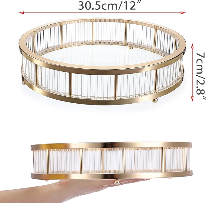 Hipiwe Gold Metal Perfume Tray - 12" Round Vanity Makeup Tray Jewelry Trinket Organizer Tray Coffee Table Decorative Tray Dresser Bathroom Tray with Acrylic Column Decor and Clear Glass Base