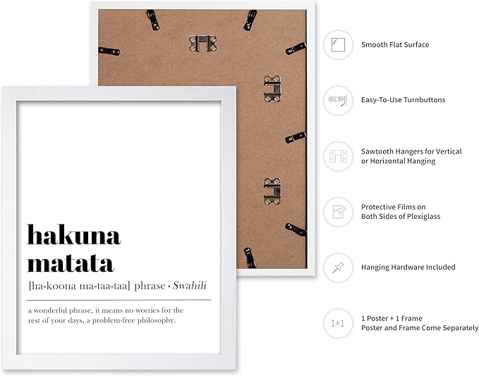 Poster Master Typography Poster - Dictionary Print - Hakuna Matata Definition, Wonderful Phrase, No Worries, Funny, Motivational - Gift for Kids, Friend - Wall Decor for Home, 8x10 White Framed