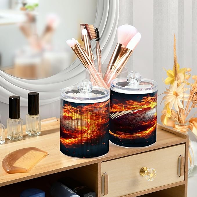 Nander 2Pack Retro Flame Rugby Qtip Holder Dispenser -Clear Plastic Apothecary Jars Set - Restroom Bathroom Makeup Organizers Containers for Cotton Swab, Ball, Pads, Floss