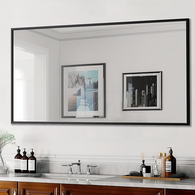 Antok 60x30 Black Metal Framed Bathroom Mirror, Square Edge Rectangular Wall Mirror, Vanity Mirror for Over Sink, Anti-Rust Tempered Glass, Horizontal/Vertical Hanging, Modern Farmhouse Decor